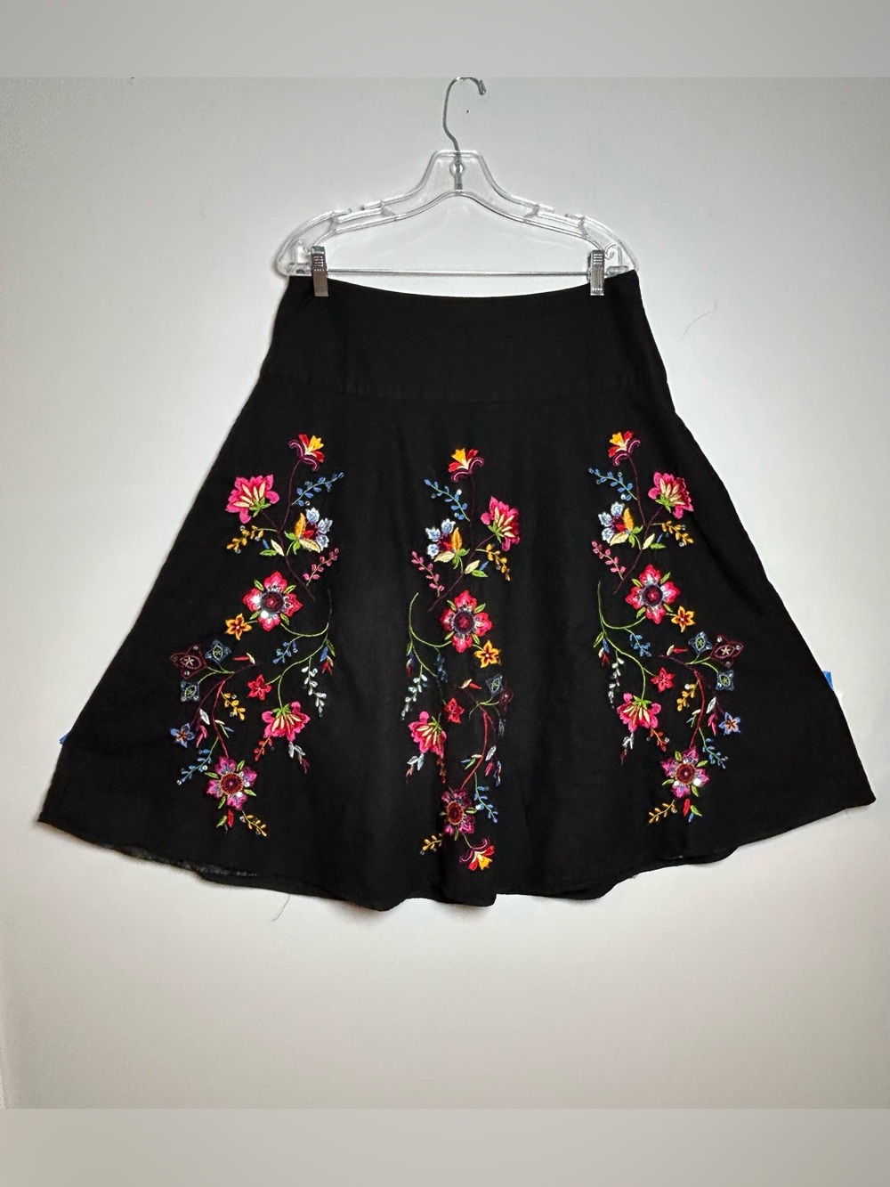 Carole Little Black Floral Embroidery linen midi skirt size 12